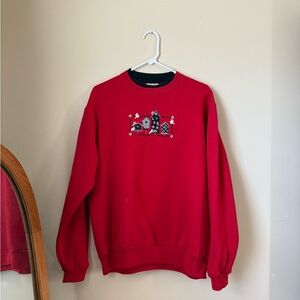 Red cottage-Core Granny style Sweater with Birdhouse   Stitch in Black & White